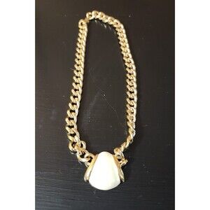 VTG MONET Chunky Gold Tone Curb Chain Necklace Ivory Statement Pendant, Classic
